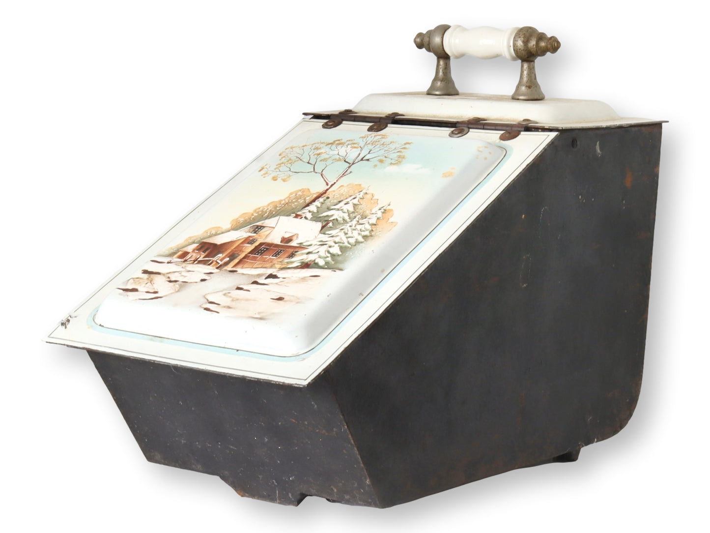 Antique Enameled Fireplace Box w/ Hand-Painted Winter Scene