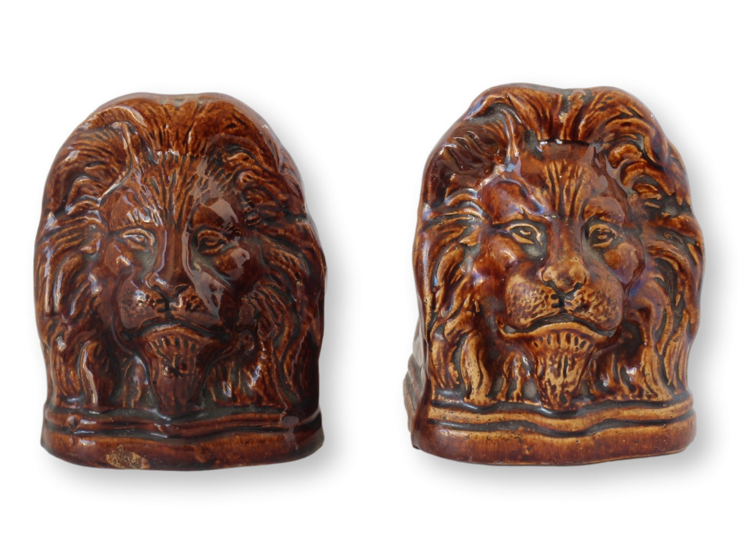 19th-C. English Victorian Rockingham Lion Head Window Stops
