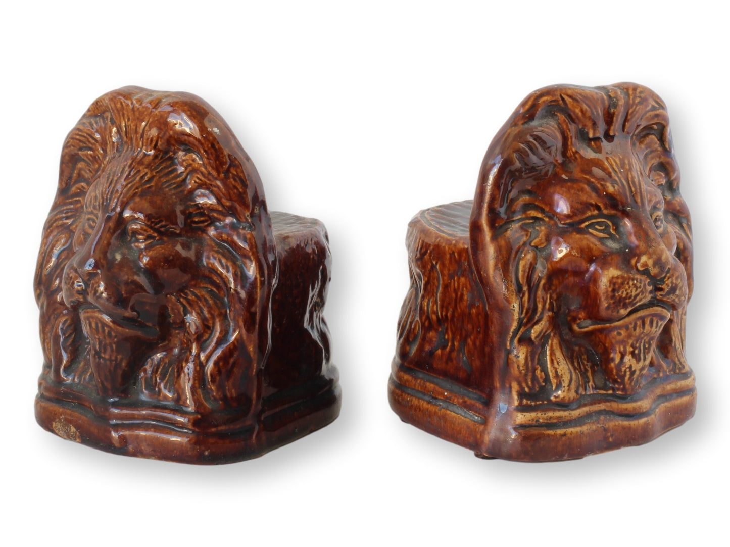 19th-C. English Victorian Rockingham Lion Head Window Stops