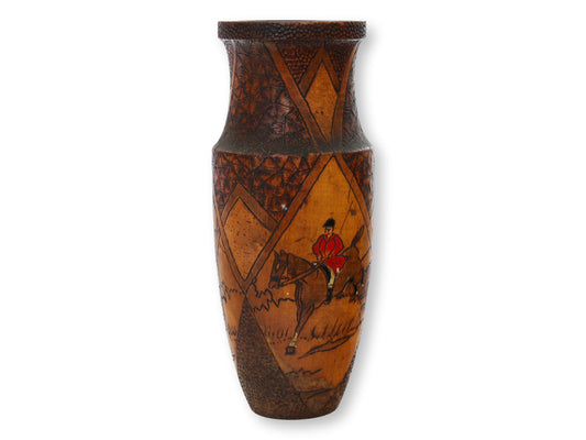 Antique Hand-Carved Painted Hunting Scene Vase