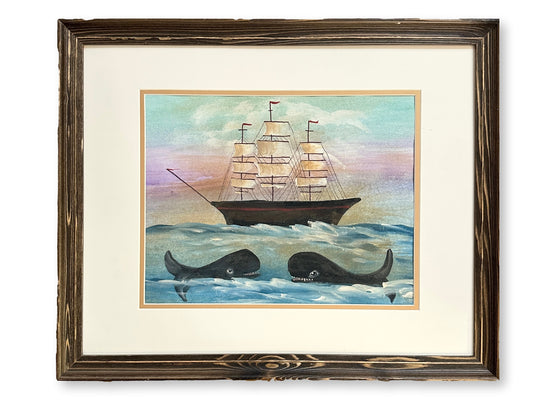 Folk Art Clipper Ship w/ Whales Watercolor