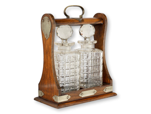 Antique English Oak & Cut Glass Tantalus Set