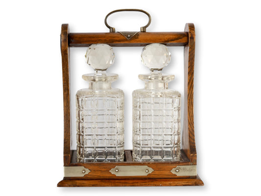Antique English Oak & Cut Glass Tantalus Set