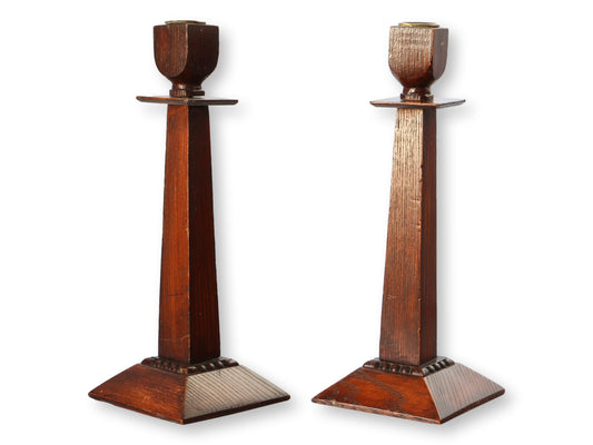 Early 1900s Arts & Crafts English Oak Candlesticks
