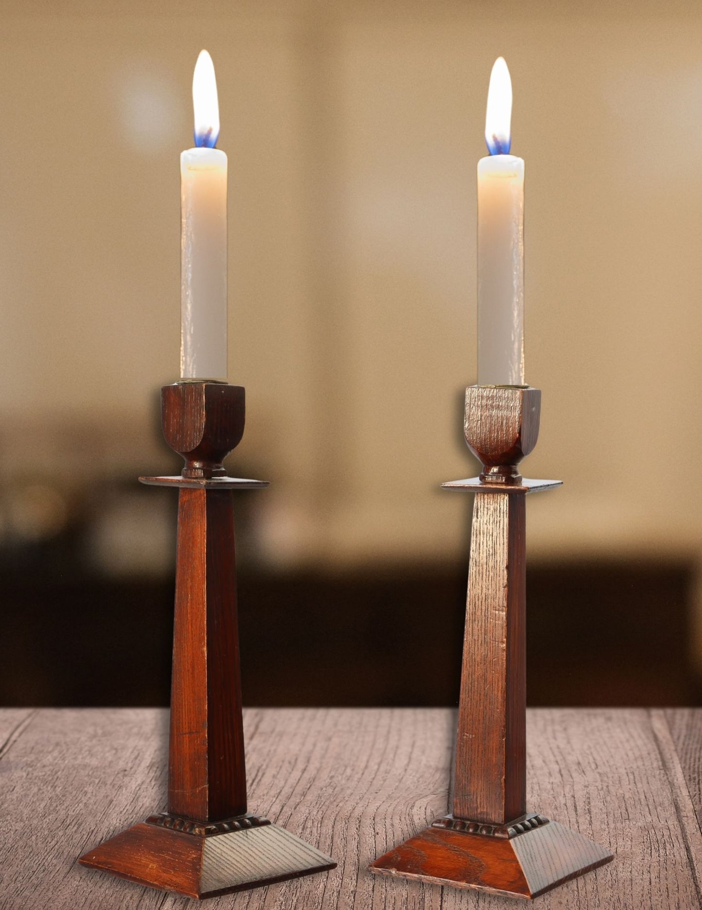 Early 1900s Arts & Crafts English Oak Candlesticks