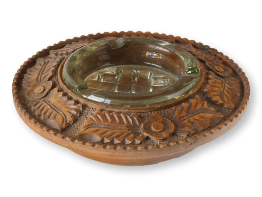 Antique Arts & Crafts English Carved Wood Ashtray