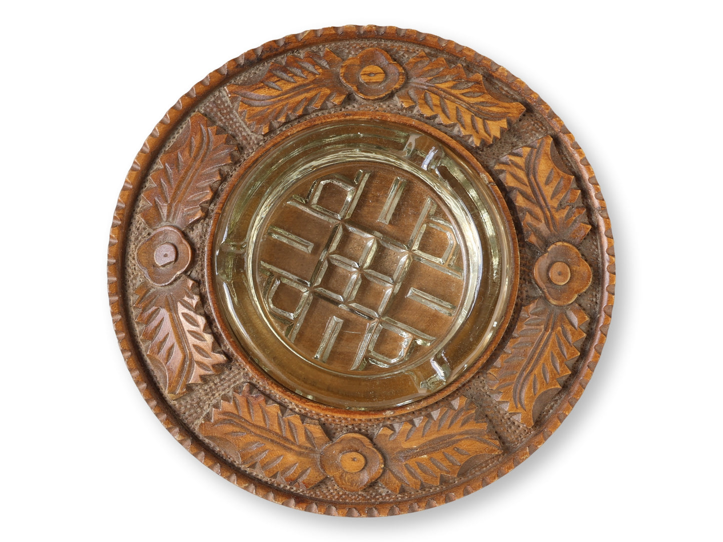 Antique Arts & Crafts English Carved Wood Ashtray