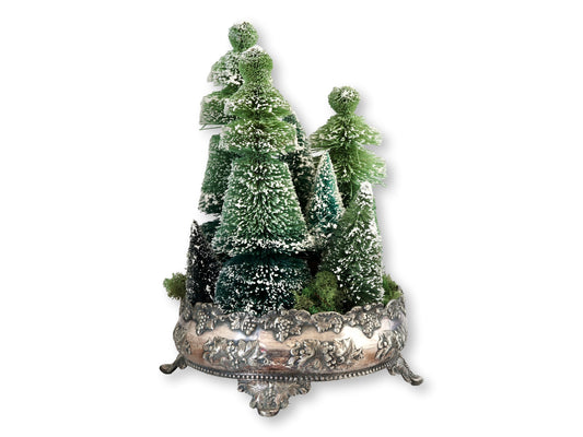 Holiday Bottle Brush Tree Grouping w/ Antique Silver-Plate Bowl