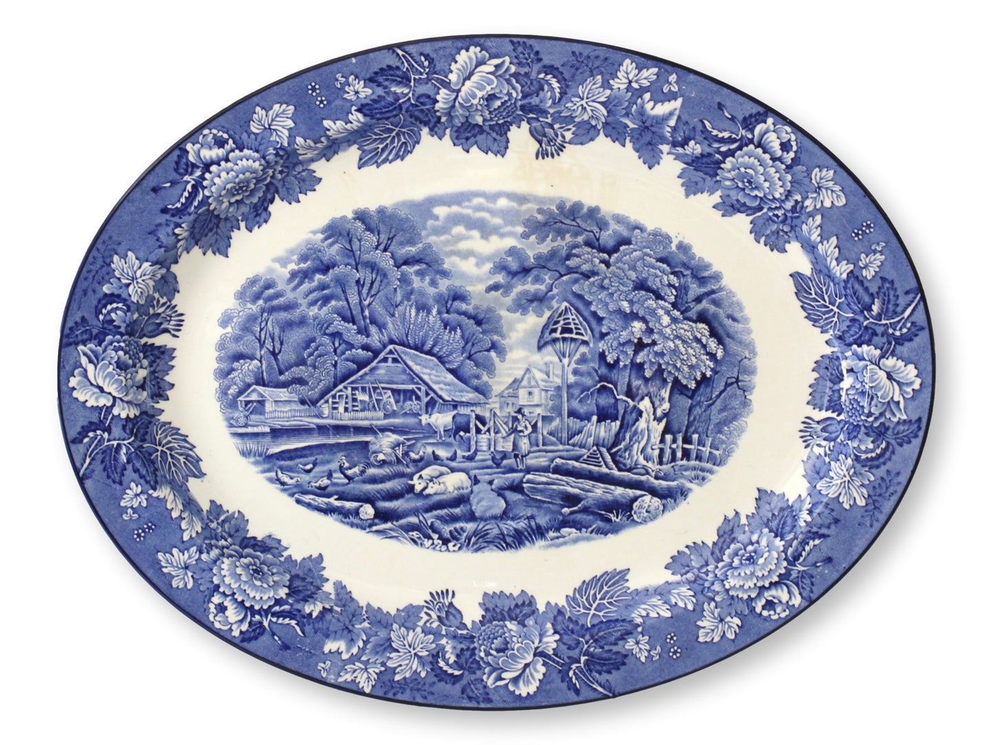 English Blue & White Woodland Pattern Platter Set