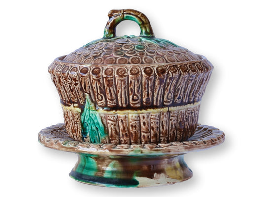 19th-Century English Majolica Basketweave Tureen