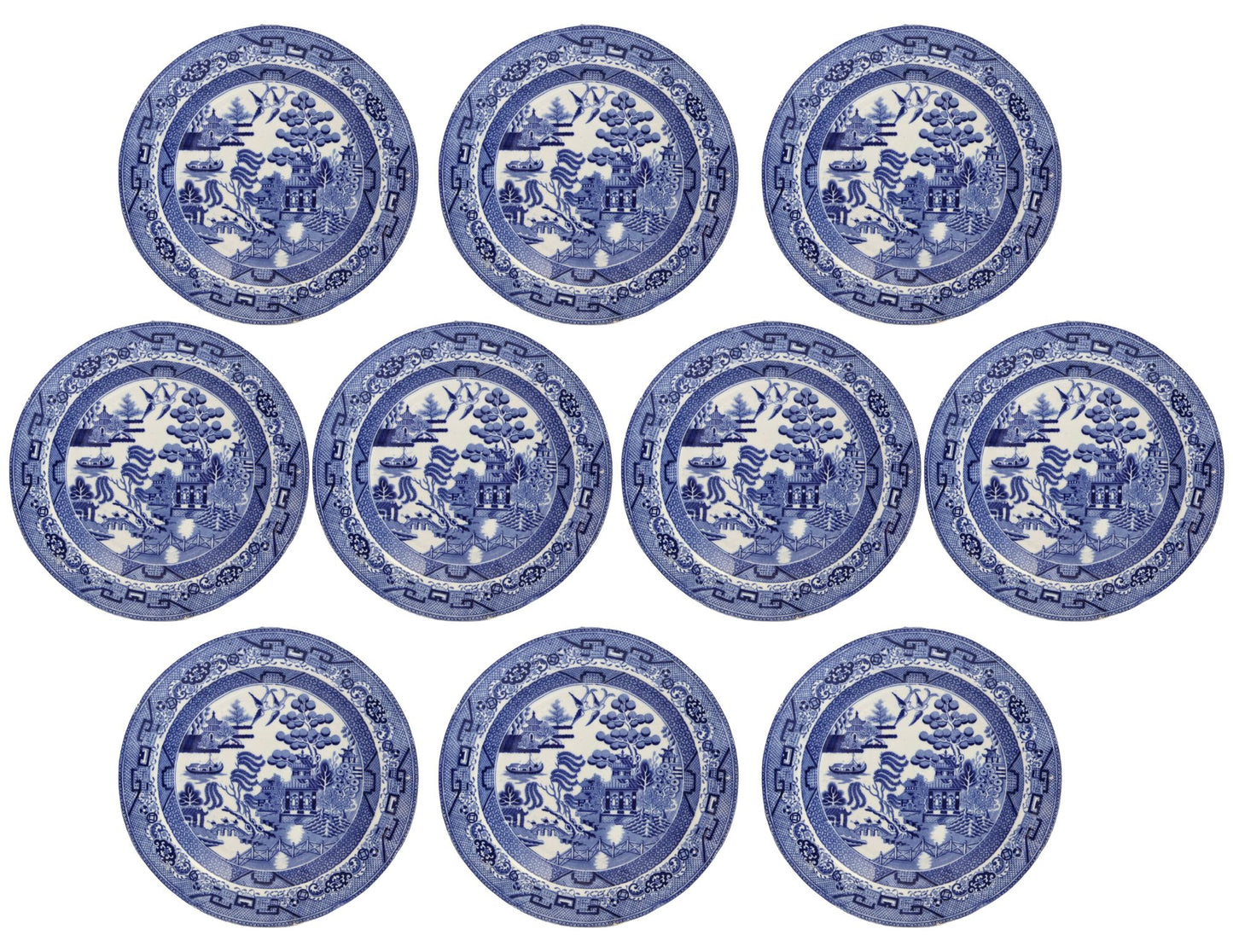 C. 1850s Staffordshire Willow Pattern 8.75" Plates, Set of 10