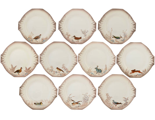 Antique Longwy Hand-Painted Wild Game Faience Dinner Set w/ Boar & Elk