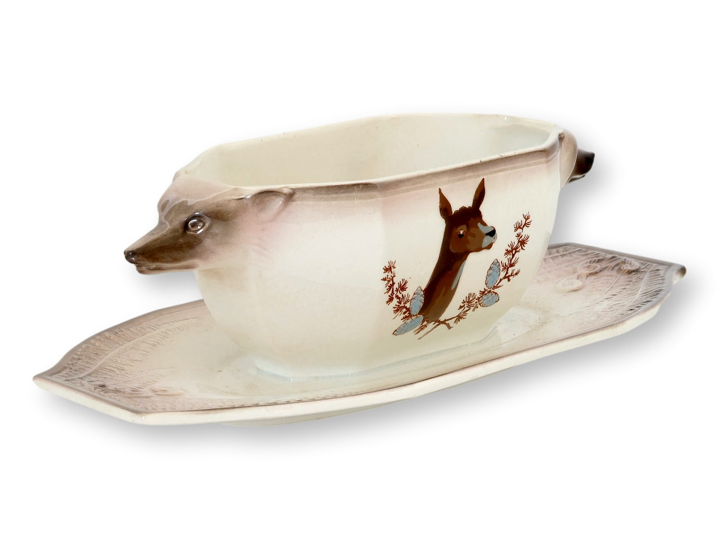 Antique Longwy Hand-Painted Wild Game Faience Dinner Set w/ Boar & Elk