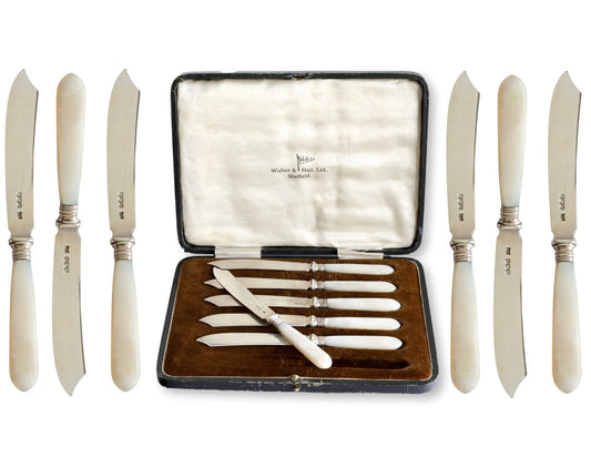 D. 1946 Mother-of-Pearl Handled English Sterling Knives, Walker & Hall