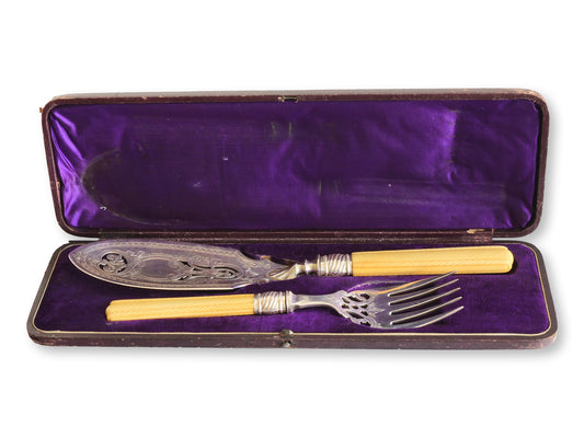 Antique English Victorian Carved Bone & Silver-Plate Fish Servers