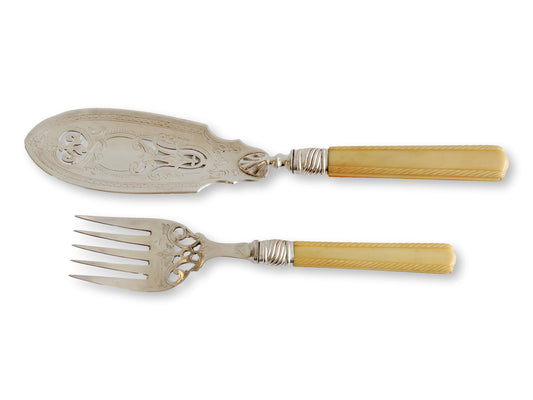 Antique English Victorian Carved Bone & Silver-Plate Fish Servers