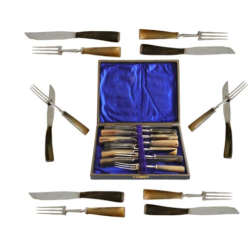 Early 1900s English Stag Horn Handled Steak Set