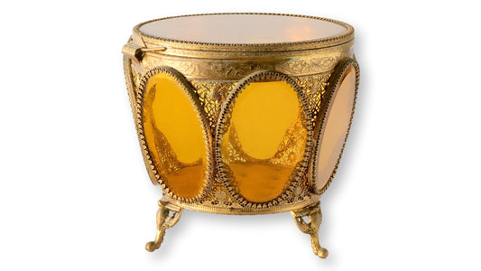 Midcentury Large French Amber Glass & Ormolu Jewelry Casket w/ Tufted Lining