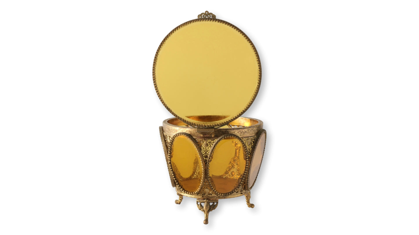 Midcentury Large French Amber Glass & Ormolu Jewelry Casket w/ Tufted Lining