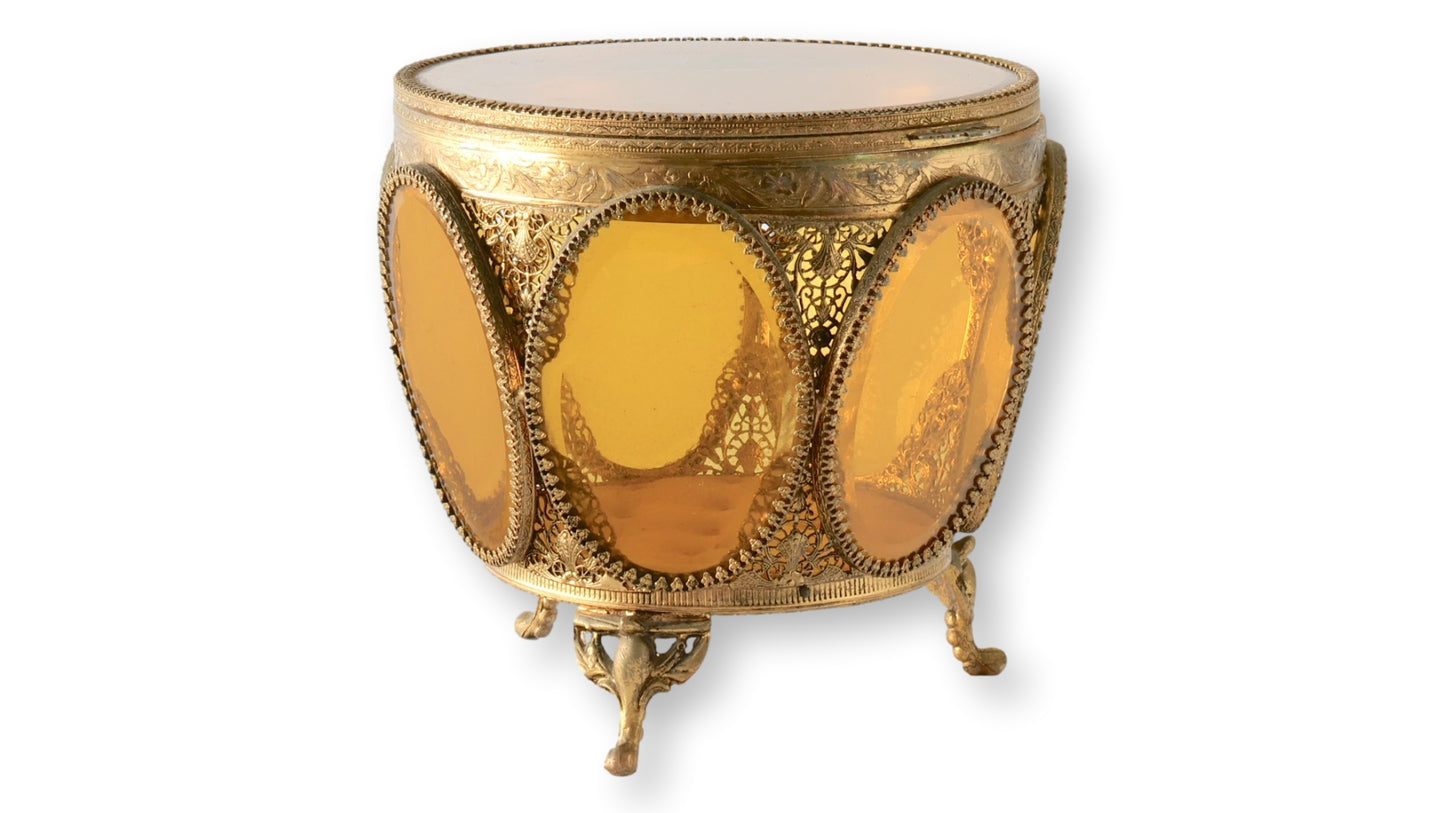 Midcentury Large French Amber Glass & Ormolu Jewelry Casket w/ Tufted Lining