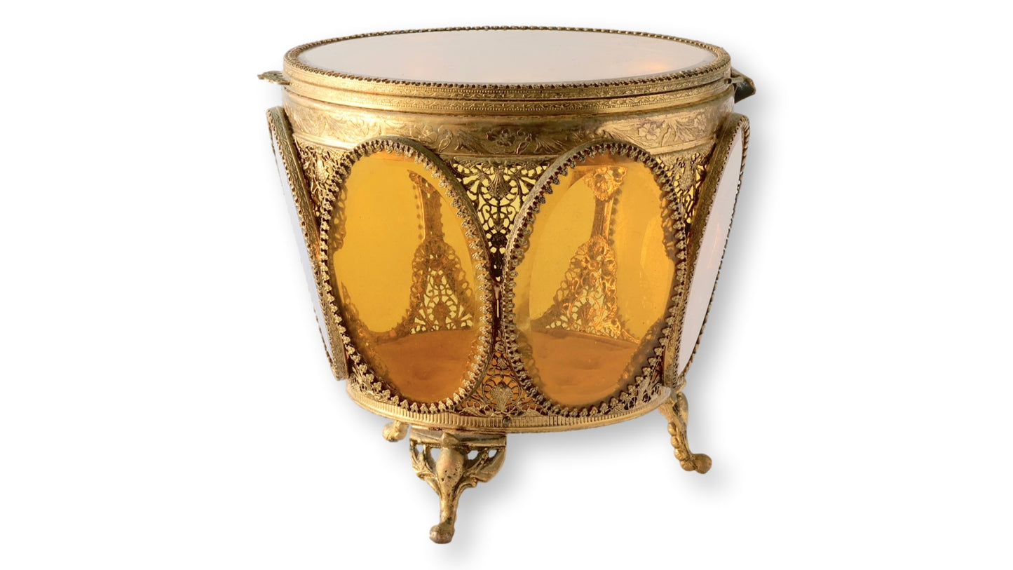 Midcentury Large French Amber Glass & Ormolu Jewelry Casket w/ Tufted Lining