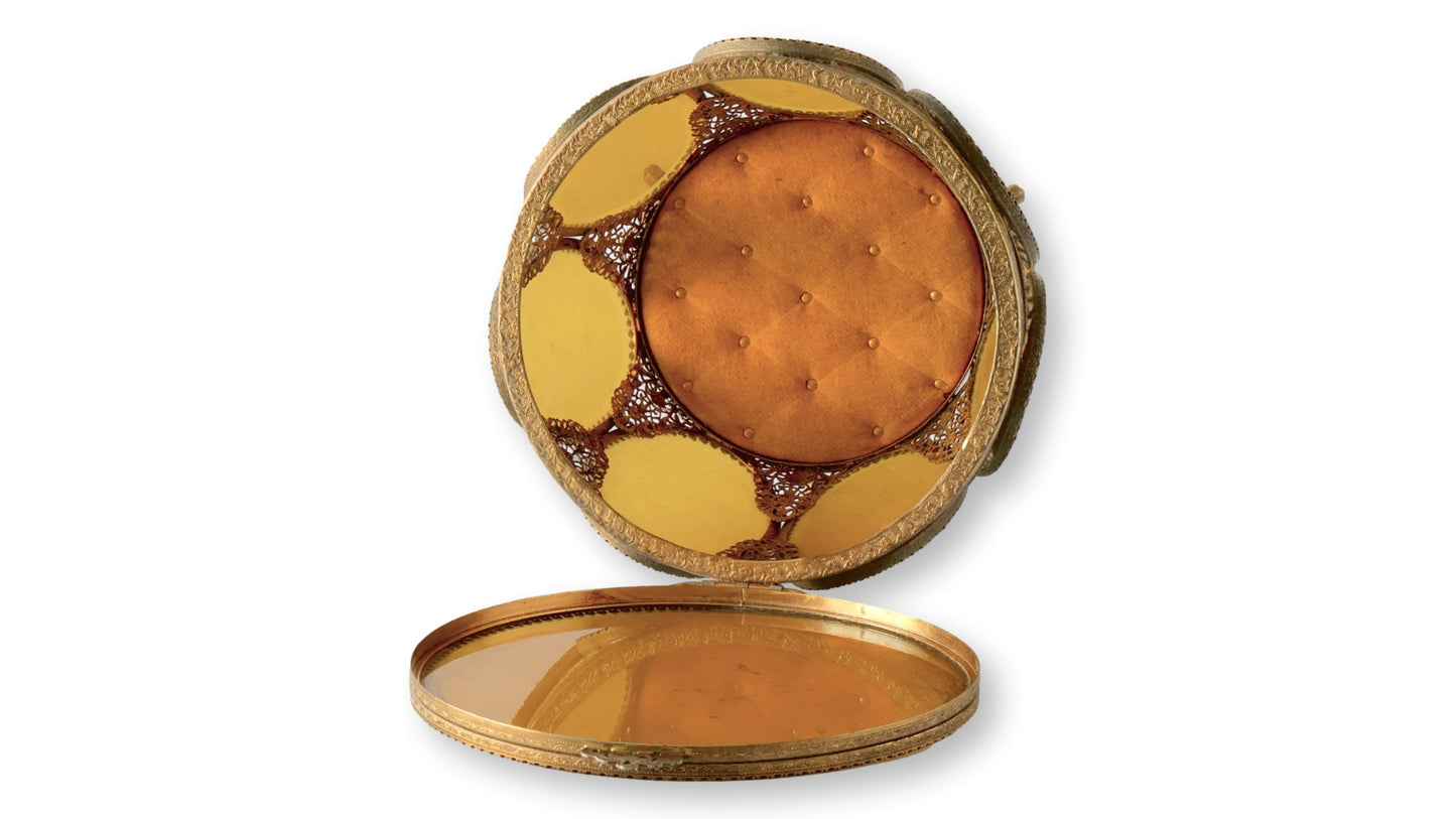 Midcentury Large French Amber Glass & Ormolu Jewelry Casket w/ Tufted Lining