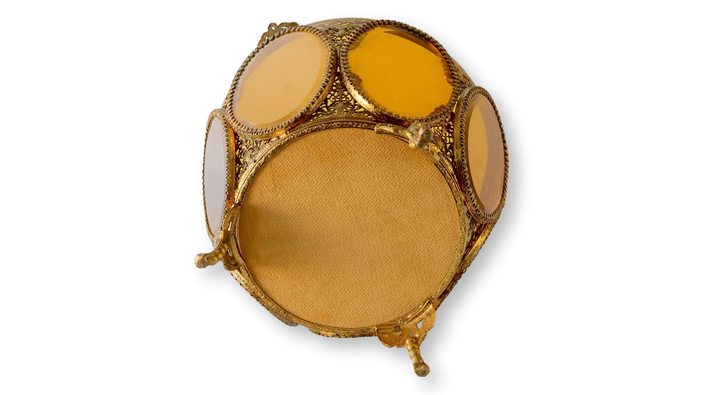 Midcentury Large French Amber Glass & Ormolu Jewelry Casket w/ Tufted Lining
