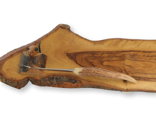 Vintage Live Edge Cheese Board w/Mouse & Horn Handle Knife