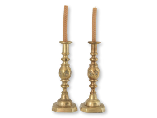 Victorian 'Good Luck' Brass Candlesticks