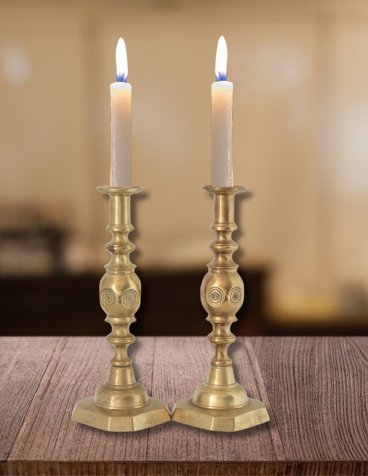 Victorian 'Good Luck' Brass Candlesticks