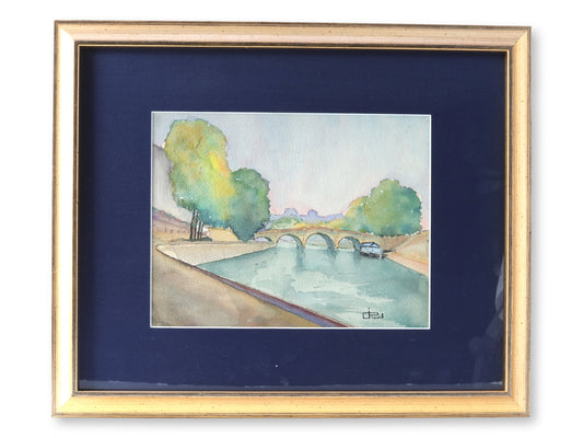 Framed Parisian Watercolor – River Scene with Bridge