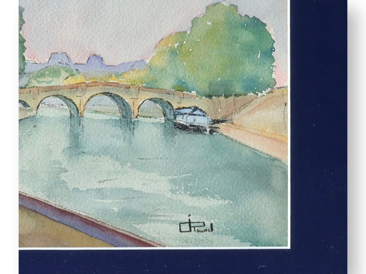 Framed Parisian Watercolor – River Scene with Bridge