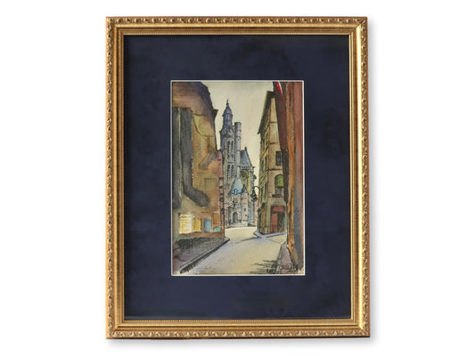 Framed Parisian Street Scene Watercolor – Signed