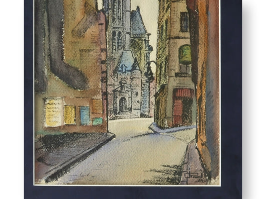 Framed Parisian Street Scene Watercolor – Signed
