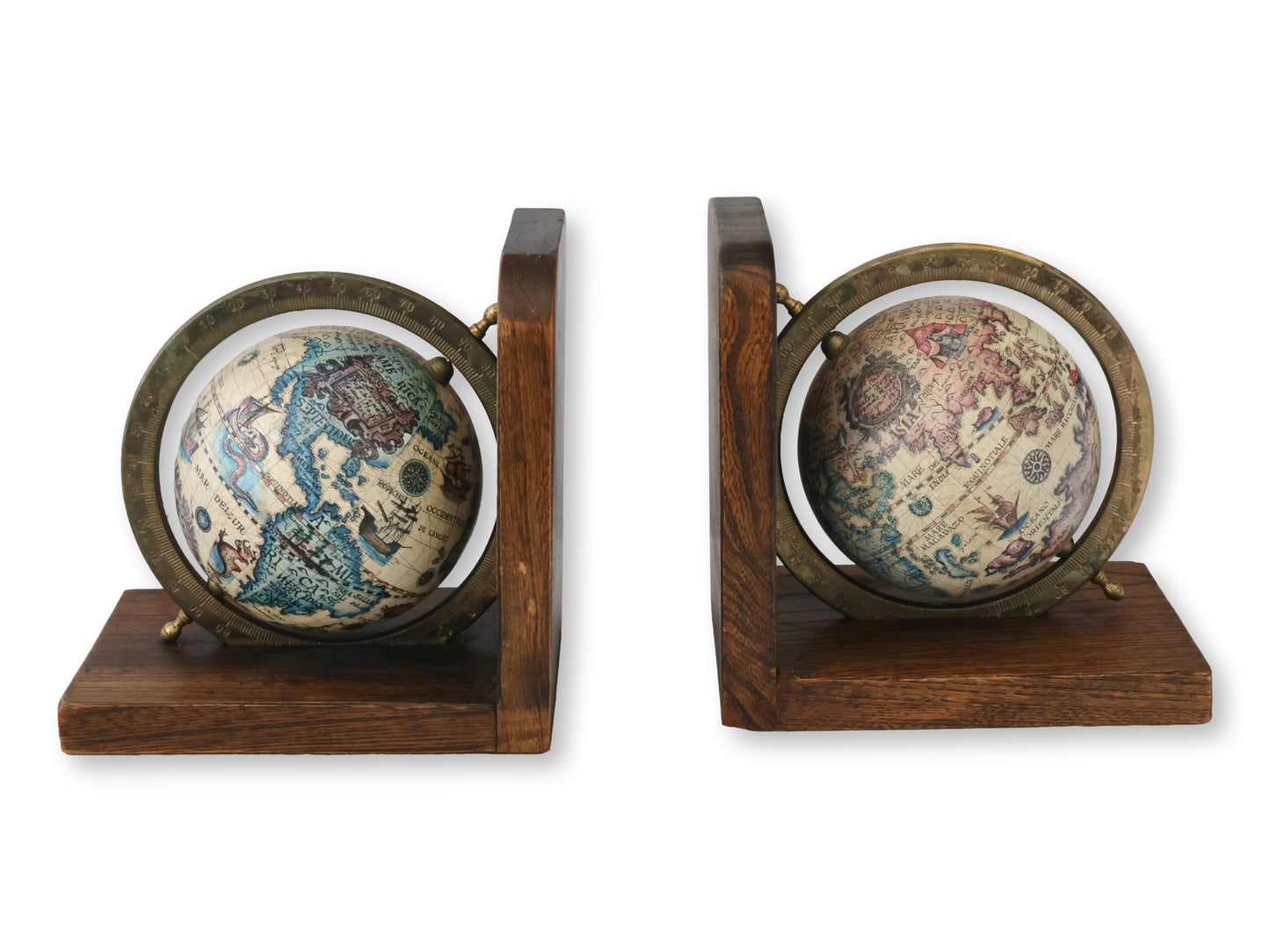 Midcentury Italian Globe Bookends with Brass Rings