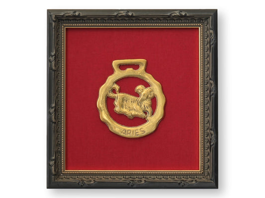 Framed Antique English Horse Brass – Aries Zodiac Medallion