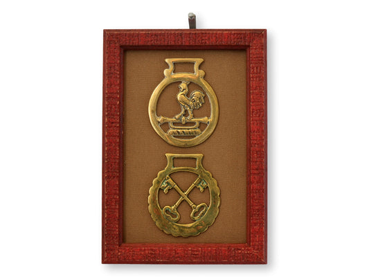 Framed Antique English Horse Brasses – “Cocky” Rooster & Key