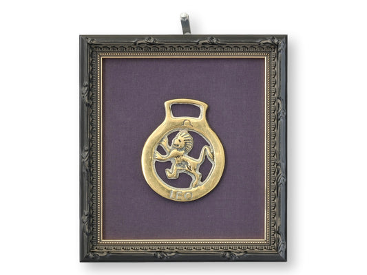 Framed Antique English Horse Brass – Leo Zodiac