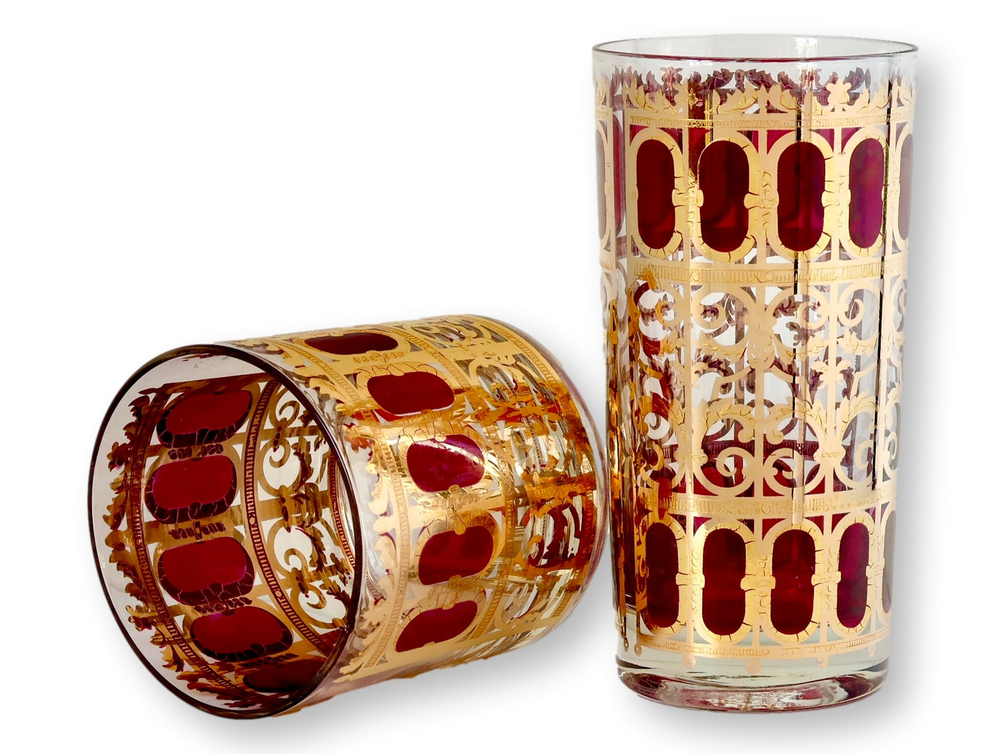 Midcentury Culver Cranberry & 22K Gold Cocktail Glasses - Set of 12