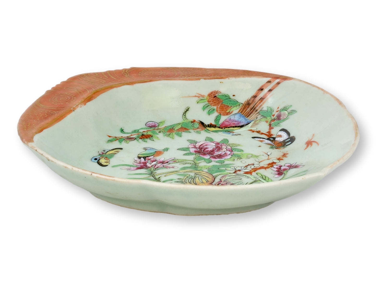 Antique Chinese Export Celadon Shrimp Dish w/Figural Rim