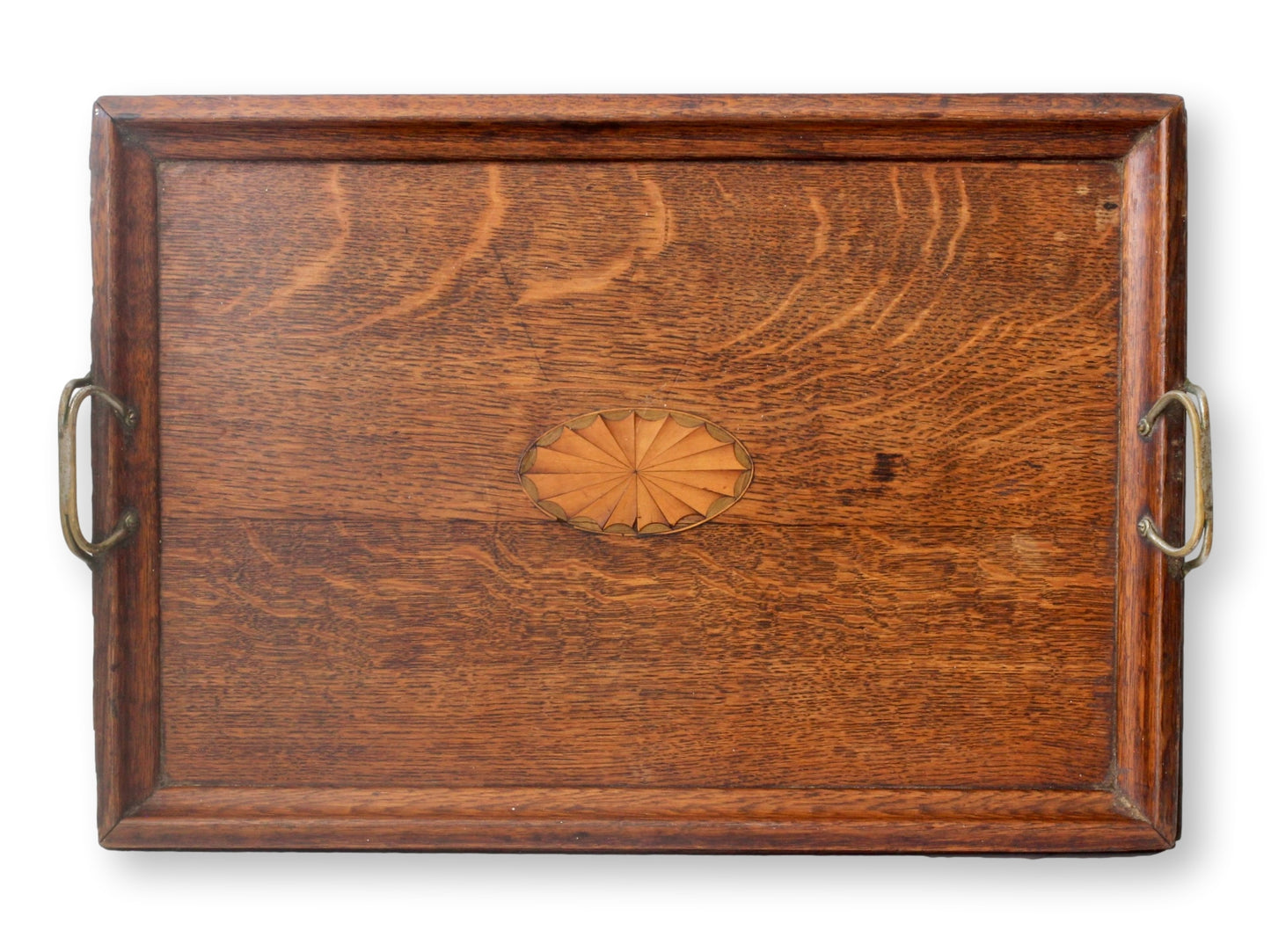 Antique English Edwardian Inlaid Oak Tray