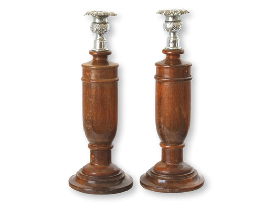 Antique Tiger Grain Oak Candlesticks w/ Fancy Tops