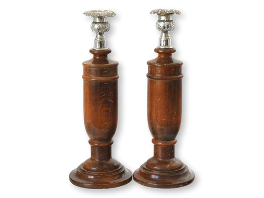 Antique Tiger Grain Oak Candlesticks w/ Fancy Tops