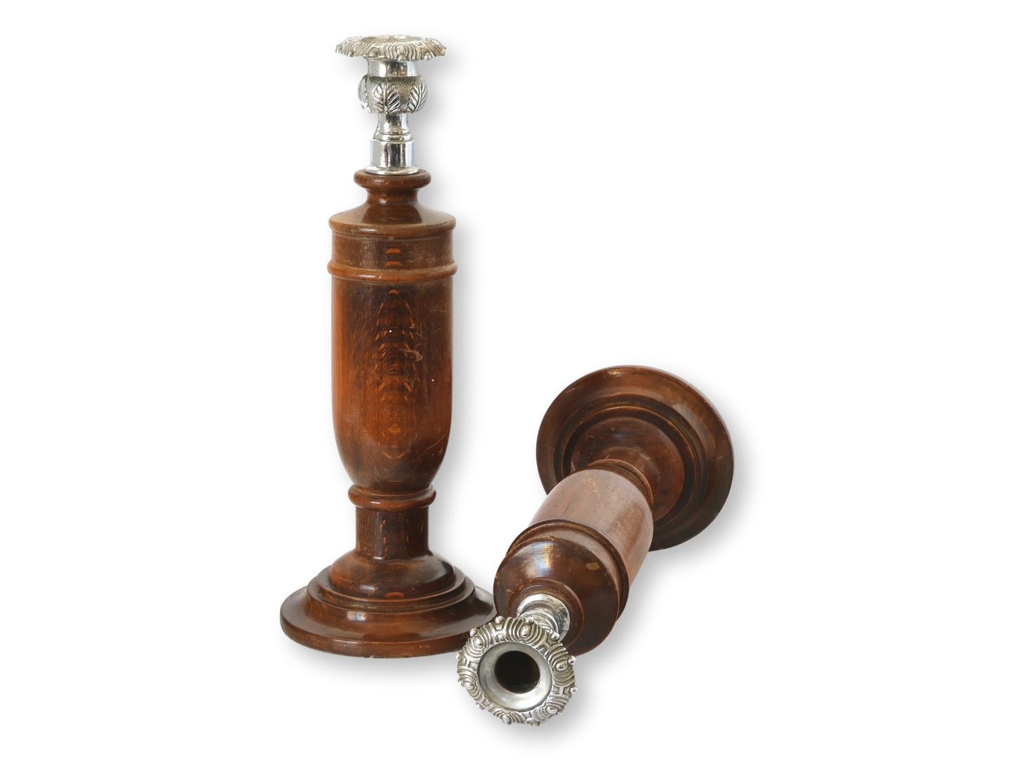 Antique Tiger Grain Oak Candlesticks w/ Fancy Tops