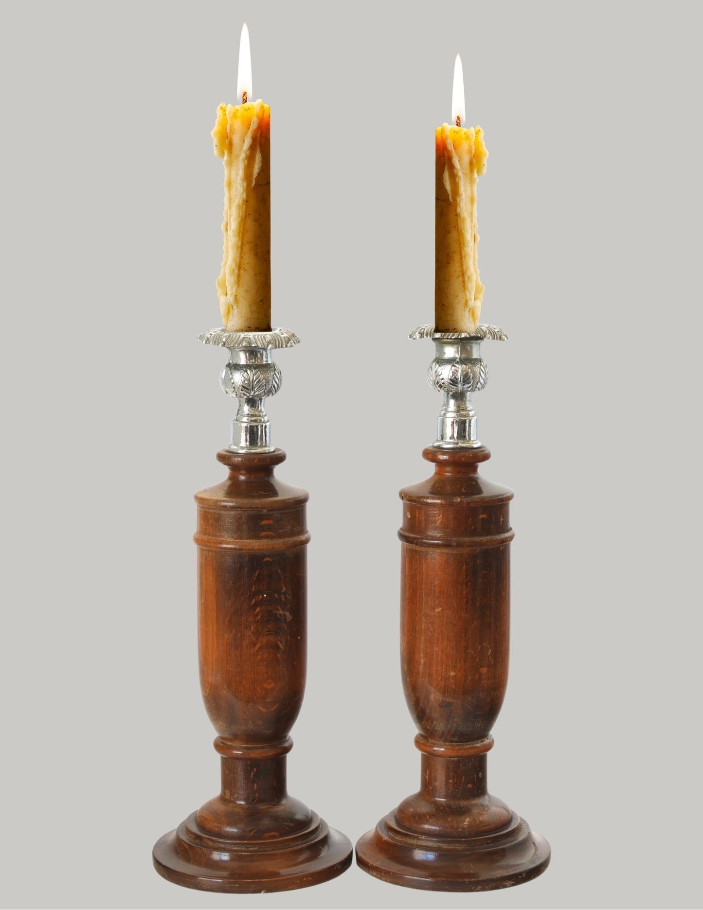 Antique Tiger Grain Oak Candlesticks w/ Fancy Tops