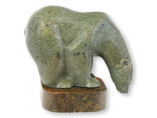 Inuit Soapstone Polar Bear Sculpture on Stone Base