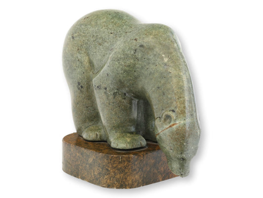 Inuit Soapstone Polar Bear Sculpture on Stone Base