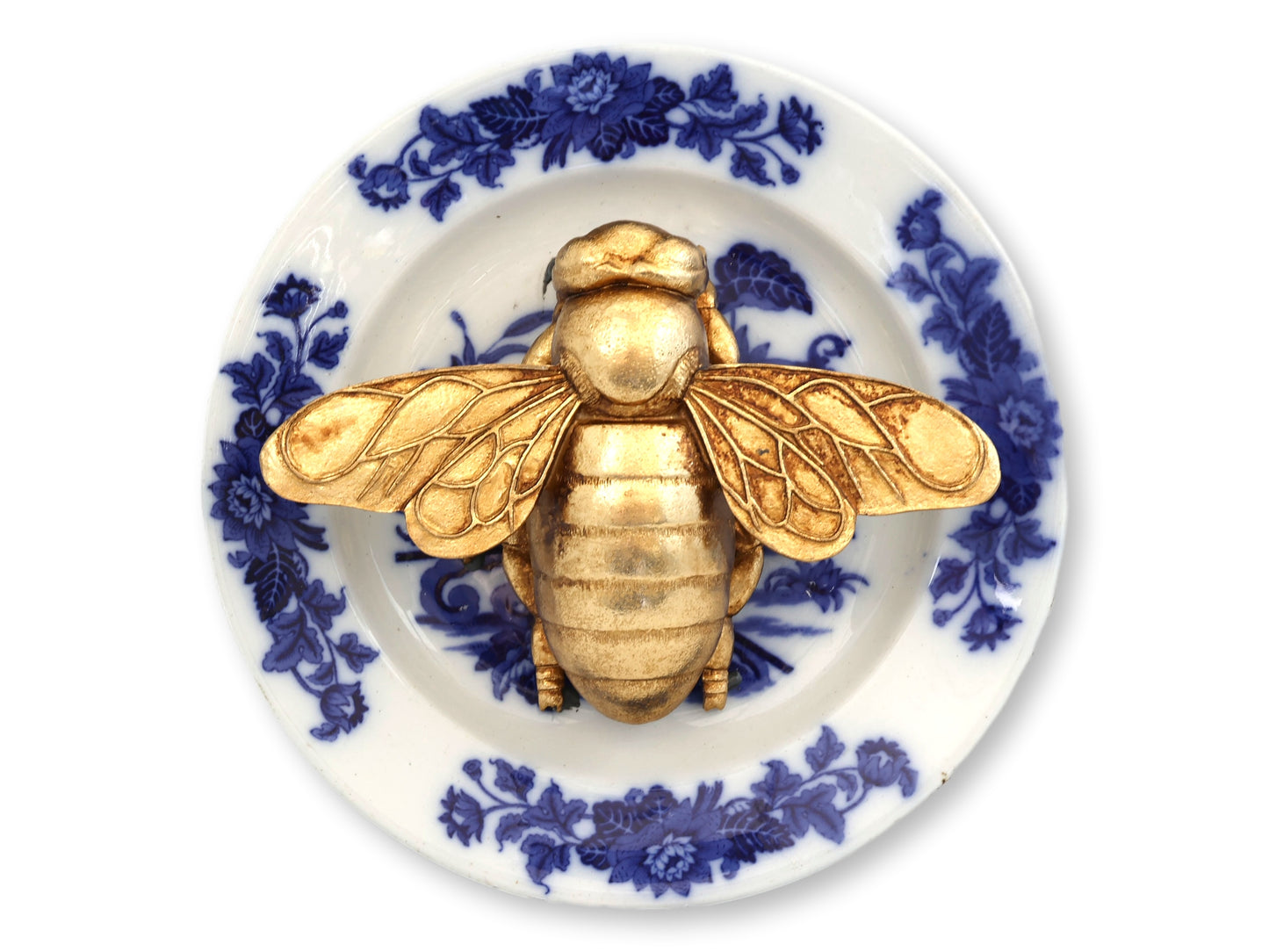 Antique Flow Blue Plate w/ Gold Leaf Bee