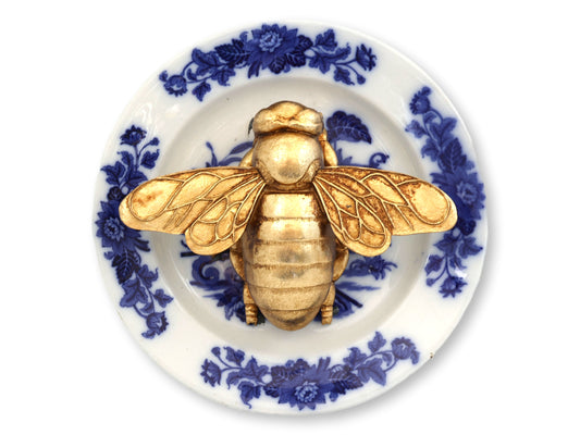 Antique Flow Blue Plate w/ Gold Leaf Bee