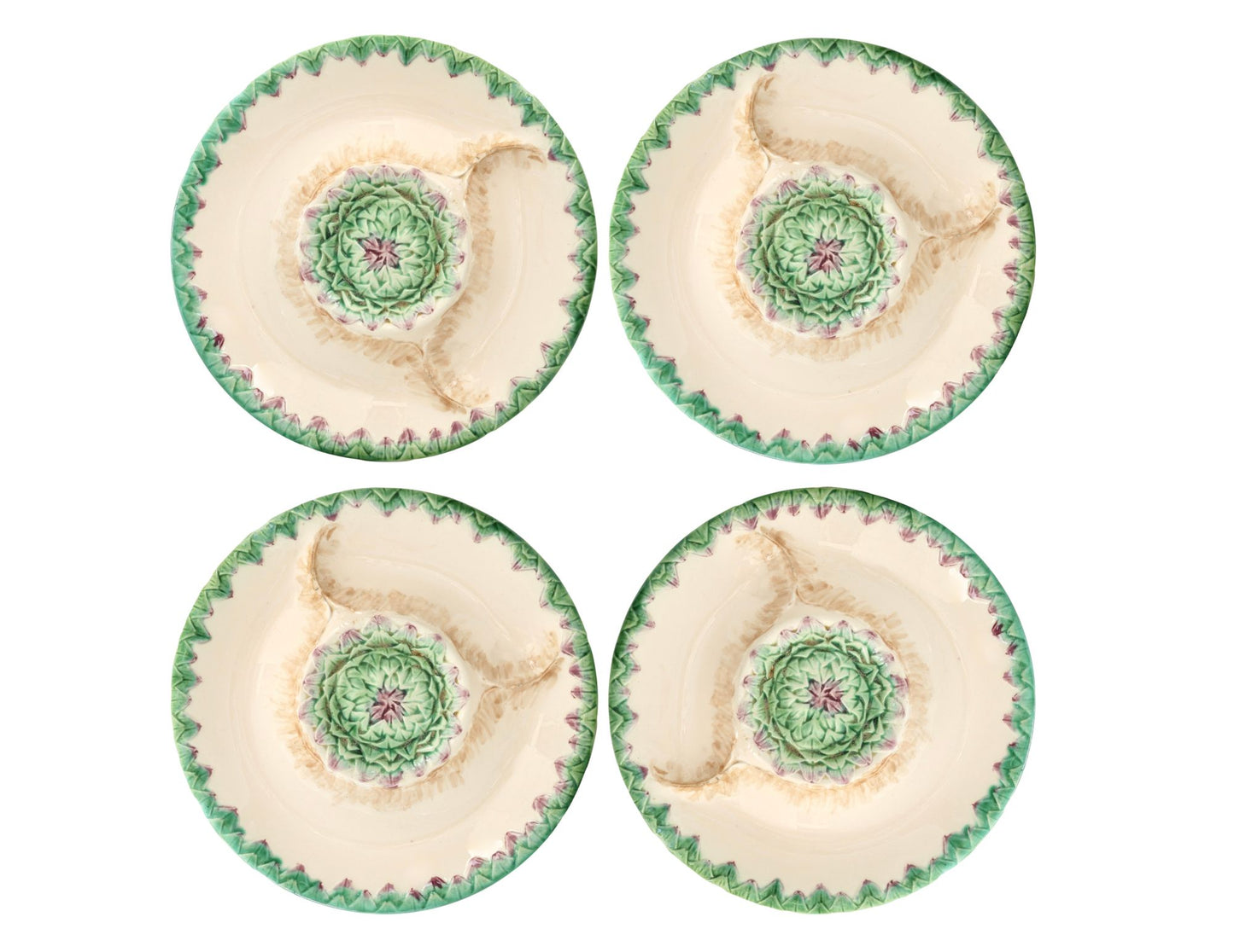 French Longchamp Terre de Fer Majolica Artichoke Plates, Set of 4